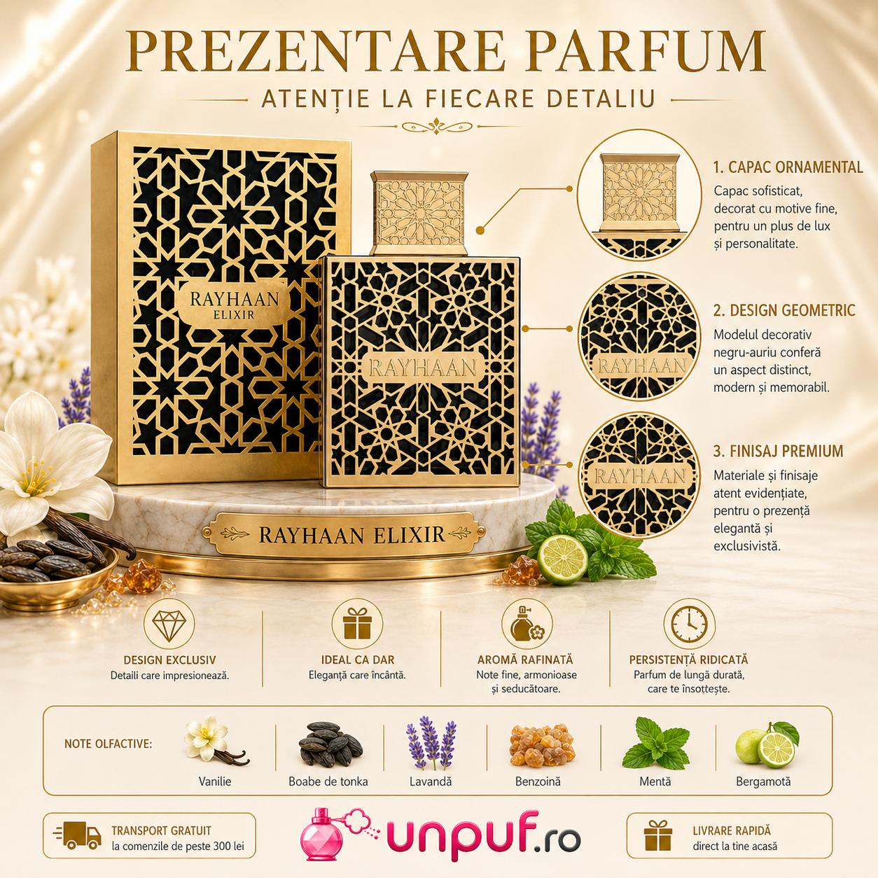Parfum Arăbesc Rayhaan Elixir EDP 100 ml unisex, cutie aurie și flacon cu design geometric negru auriu